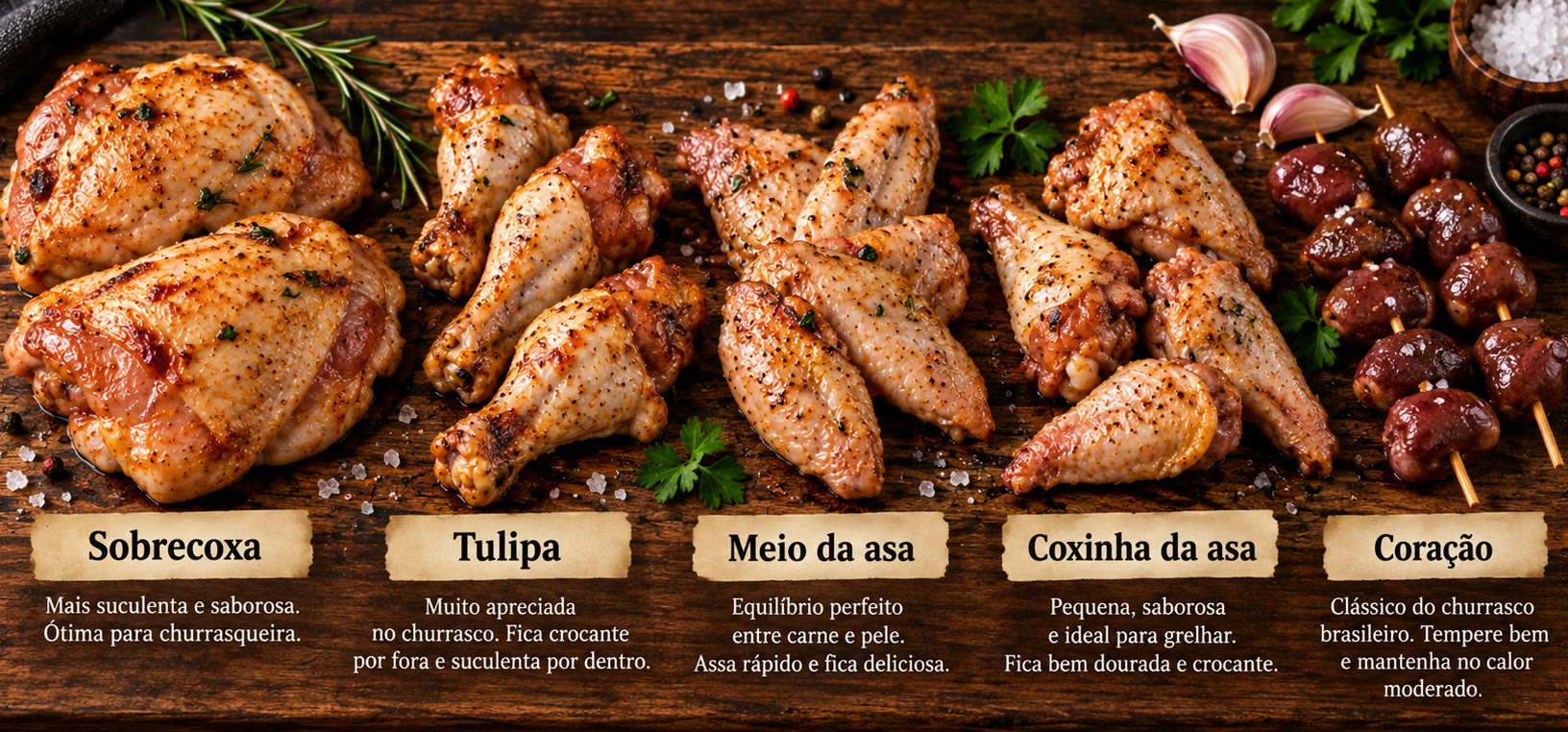 Cortes de aves do manual: sobrecoxa, tulipa, meio da asa, coxinha da asa e coração