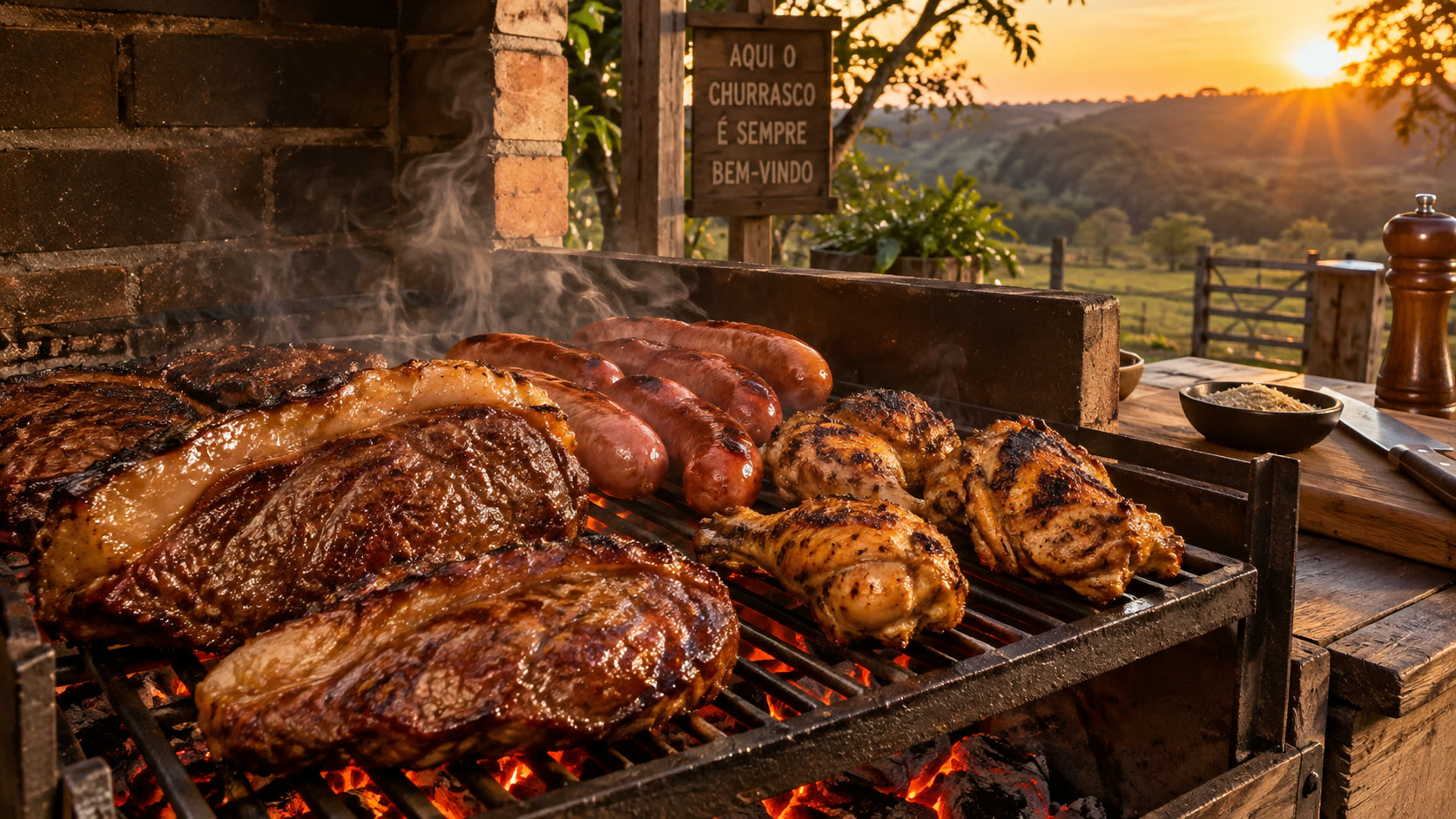Picanha, linguiça e frango na grelha ao pôr do sol