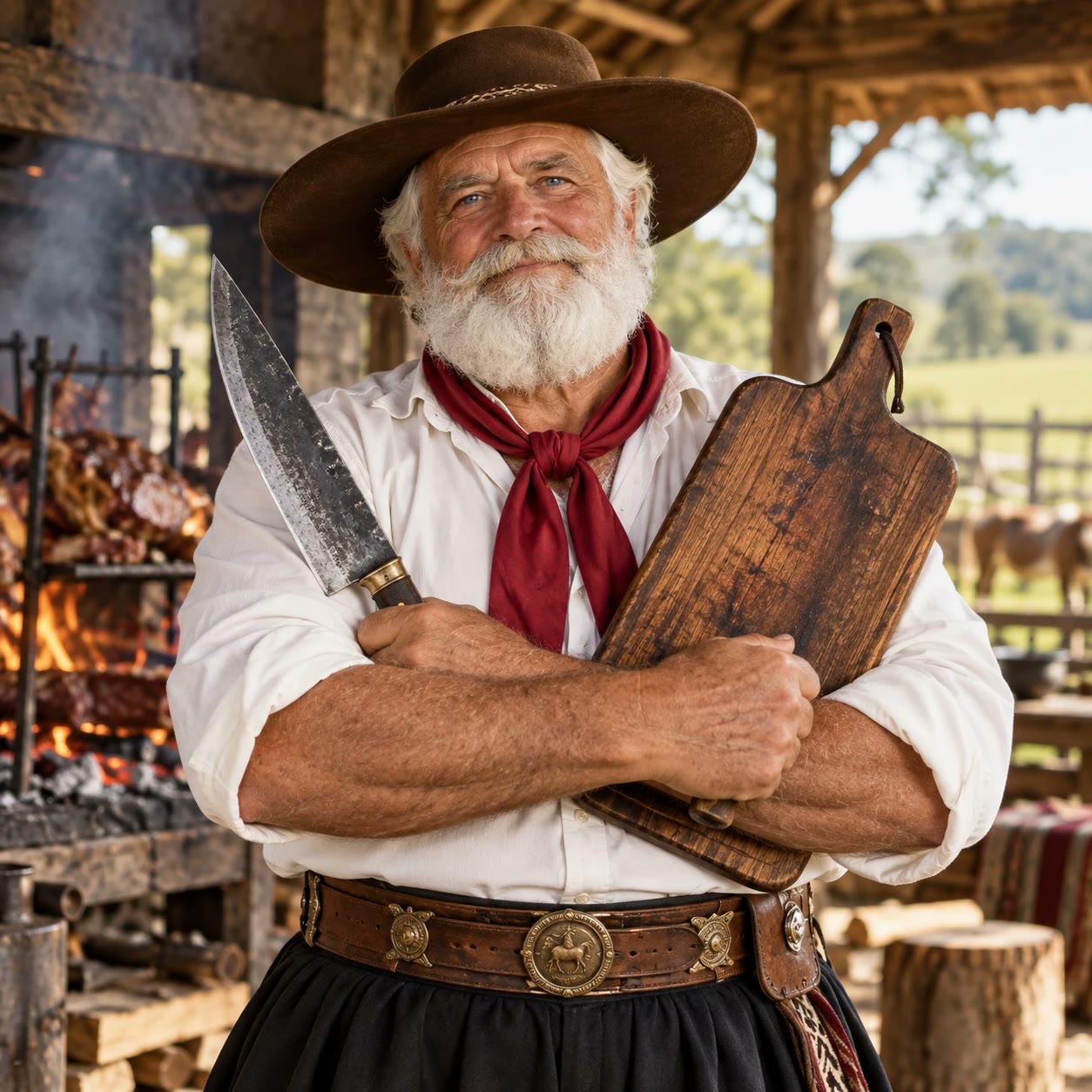 O Gaúcho de chapéu e lenço vermelho, com a faca e a tábua nos braços, diante da churrasqueira