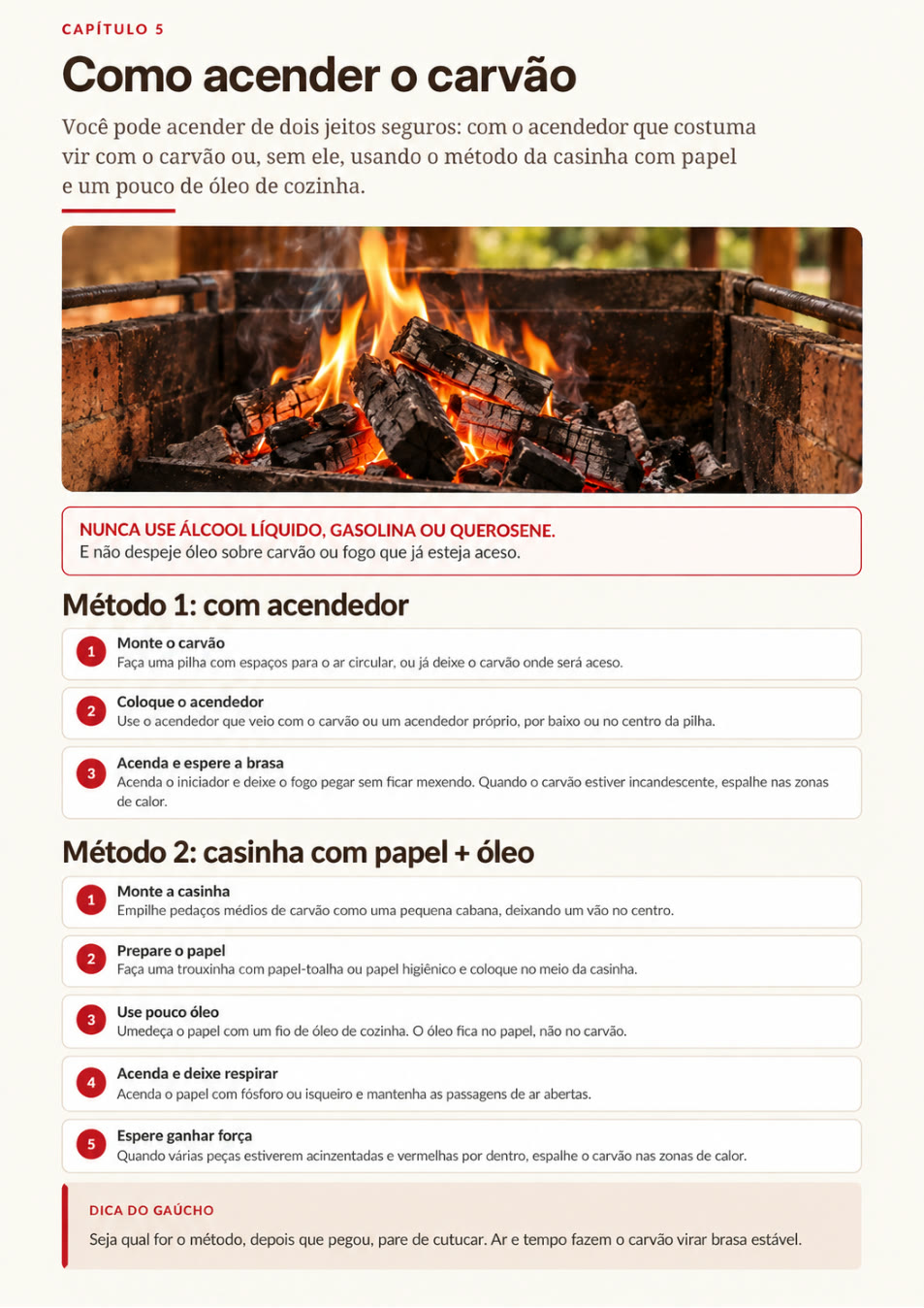 Página do manual: Cap. 5 — Como acender o carvão